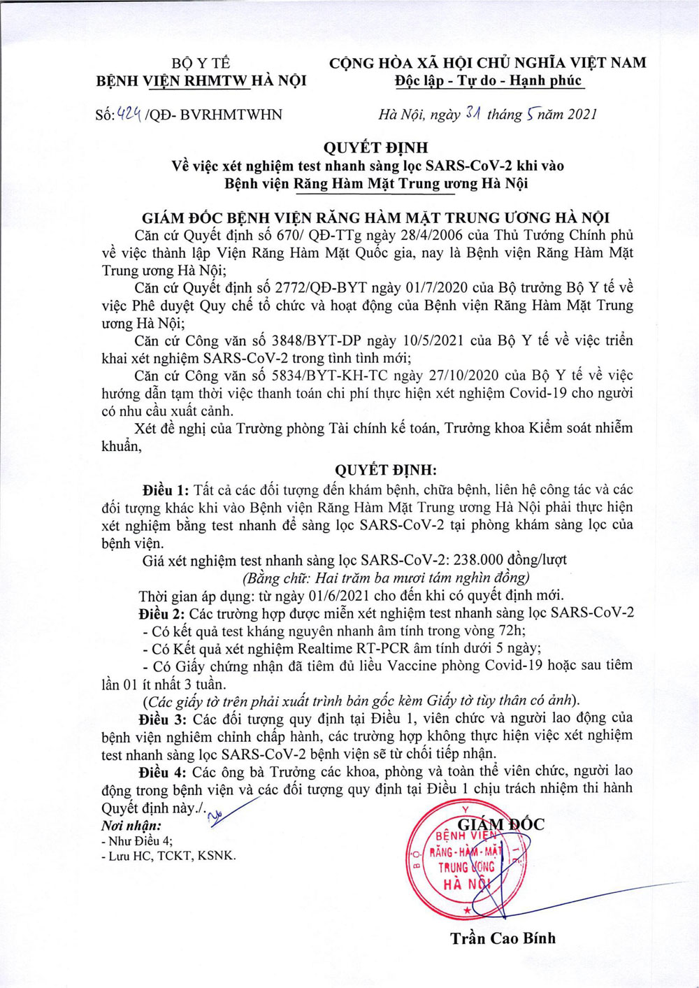 QUYẾT ĐỊNH VỀ VIỆC XÉT NGHIỆM TEST NHANH SÀNG LỌC SARS -CoV-2 KHI VÀO BỆNH VIỆN 