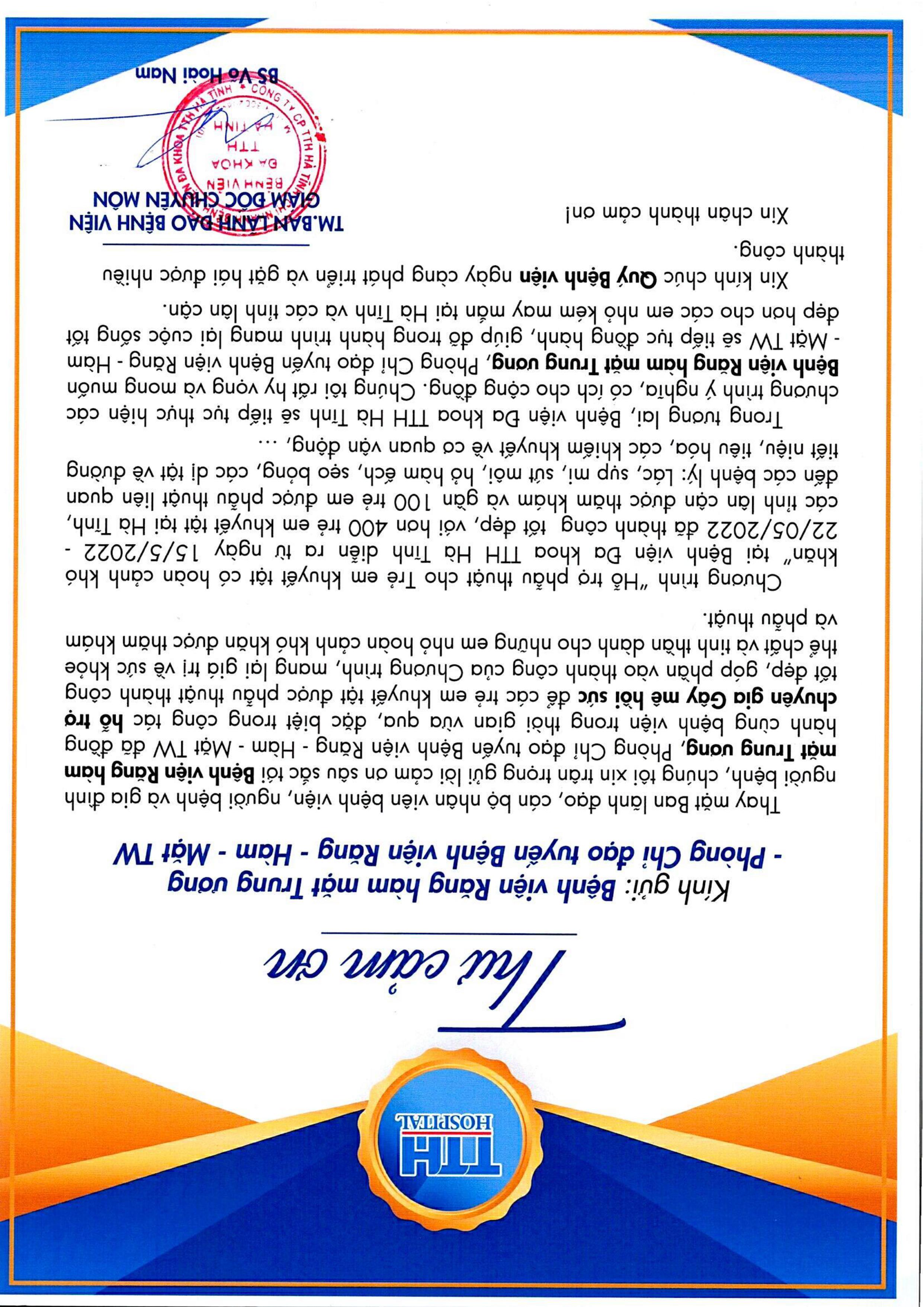 THƯ CẢM ƠN TỪ BỆNH VIỆN ĐA KHOA TTH HÀ TĨNH