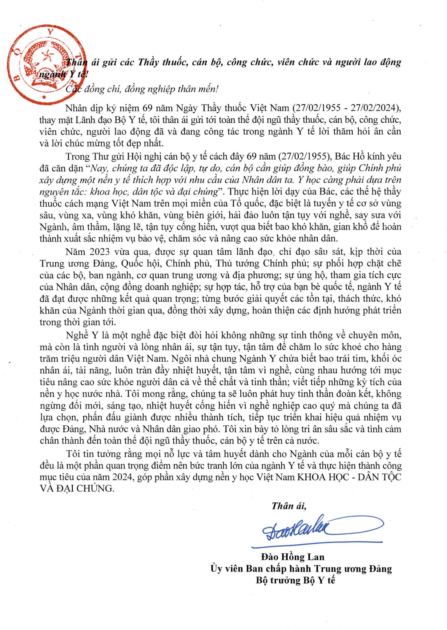 BỘ TRƯỞNG BỘ Y TẾ ĐÀO HỒNG LAN GỬI THƯ CHÚC MỪNG CÁN BỘ, CÔNG CHỨC, VIÊN CHỨC NGÀNH Y TẾ NHÂN KỶ NIỆM 69 NĂM NGÀY THẦY THUỐC VIỆT NAM (27/02/1955-27/02/2024).