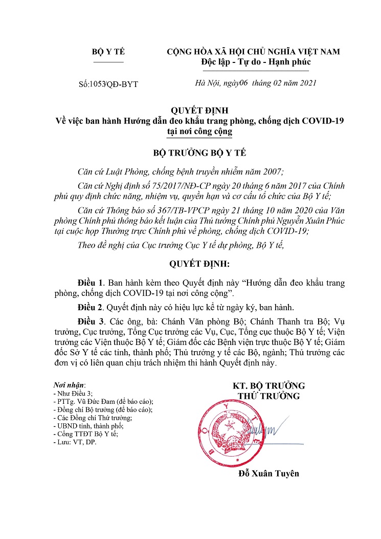 Quyết định 1053/QĐ-BYT ngày 06/02/2021 v/v ban hành Hướng dẫn đeo khẩu trang phòng, chống dịch COVID-19 tại nơi công cộng