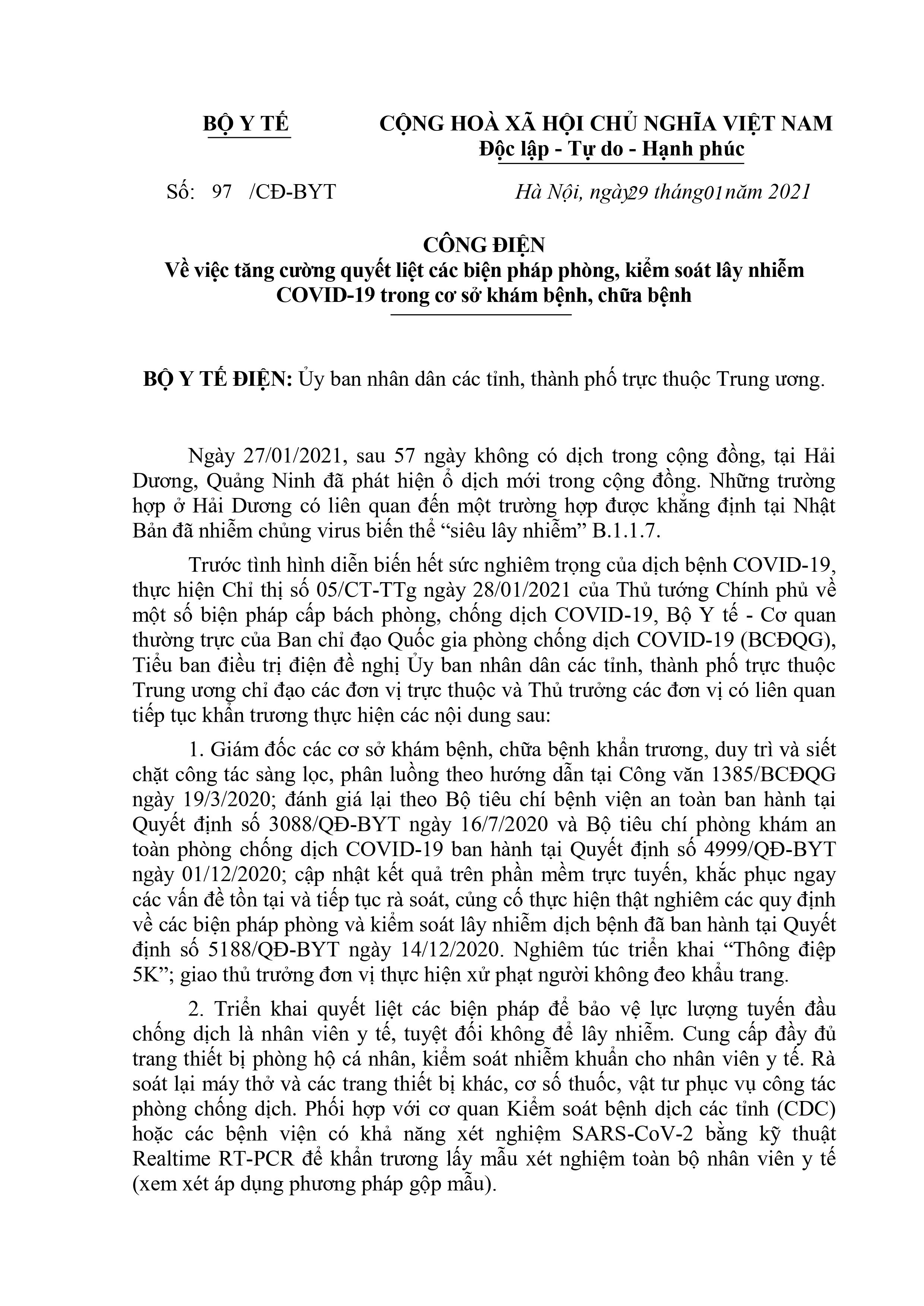 Công điện số 97/CĐ-BYT về việc tăng cường quyết liệt các biện pháp phòng, kiểm soát lây nhiễm COVID-19 trong cơ sở khám bệnh, chữa bệnh