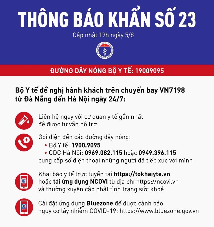 THÔNG BÁO KHẨN SỐ 23 CỦA BỘ Y TẾ