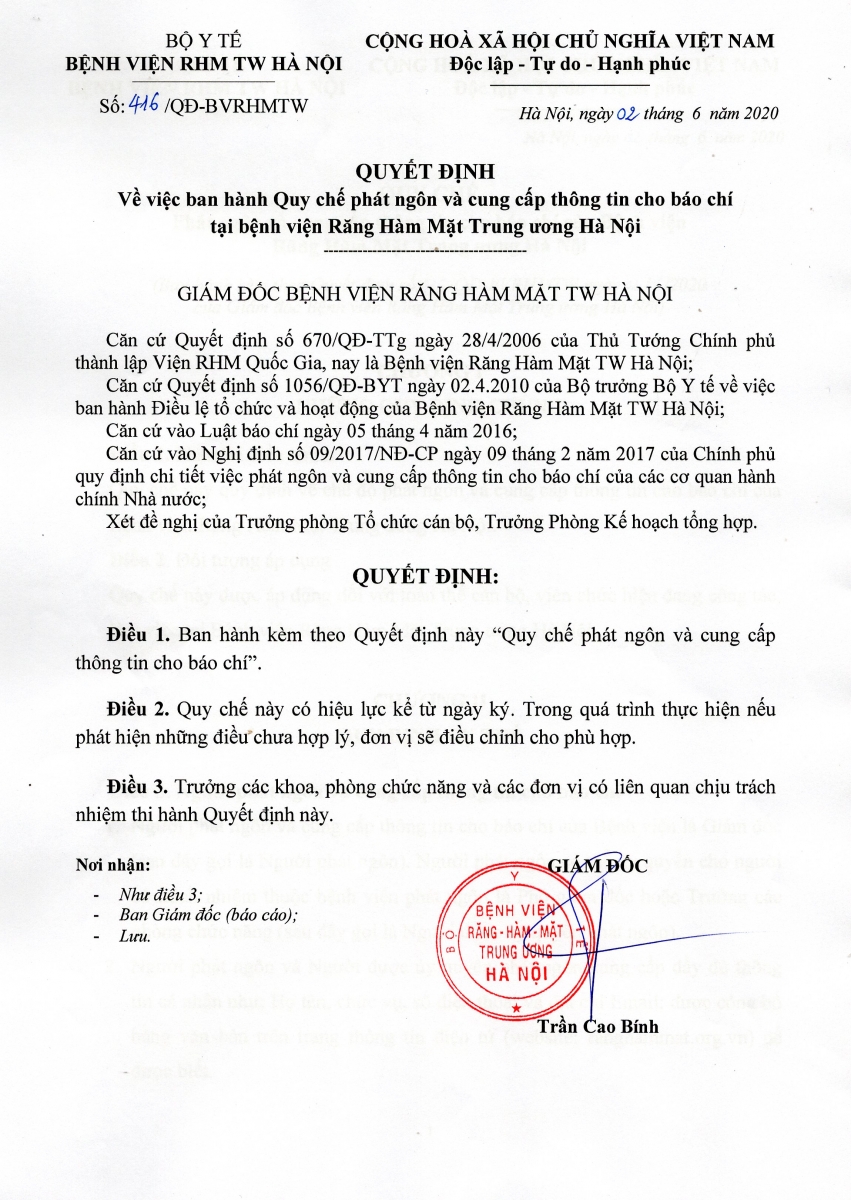 QUY CHẾ PHÁT NGÔN VÀ CUNG CẤP THÔNG TIN CHO BÁO CHÍ TẠI BỆNH VIỆN RĂNG HÀM MẶT TRUNG ƯƠNG HÀ NỘI