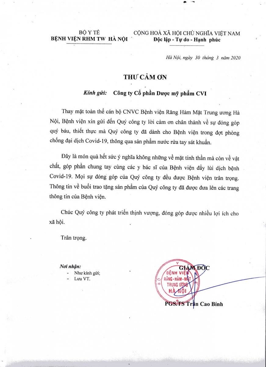 THƯ CẢM ƠN