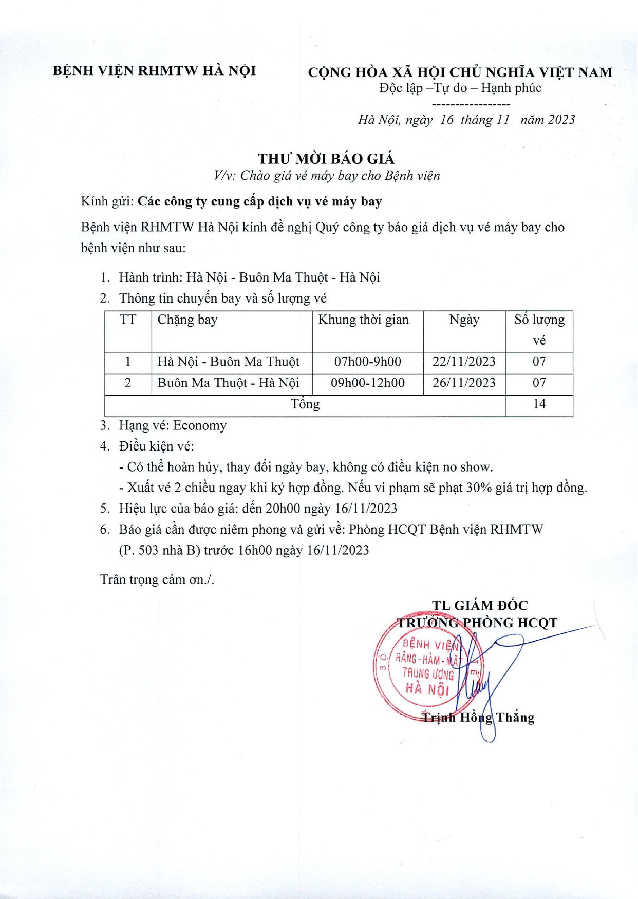 THƯ MỜI BÁO GIÁ VÉ MÁY BAY CHẶNG HÀ NỘI - BUÔN MA THUẬT - HÀ NỘI 