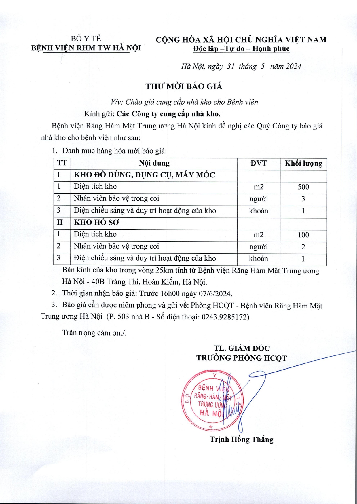 THƯ MỜI BÁO GIÁ CUNG CẤP NHÀ KHO CHO BỆNH VIỆN 