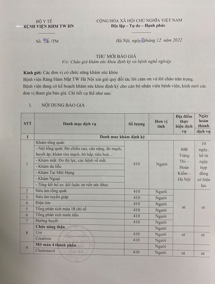 THƯ MỜI BÁO GIÁ KHÁM SỨC KHỎE