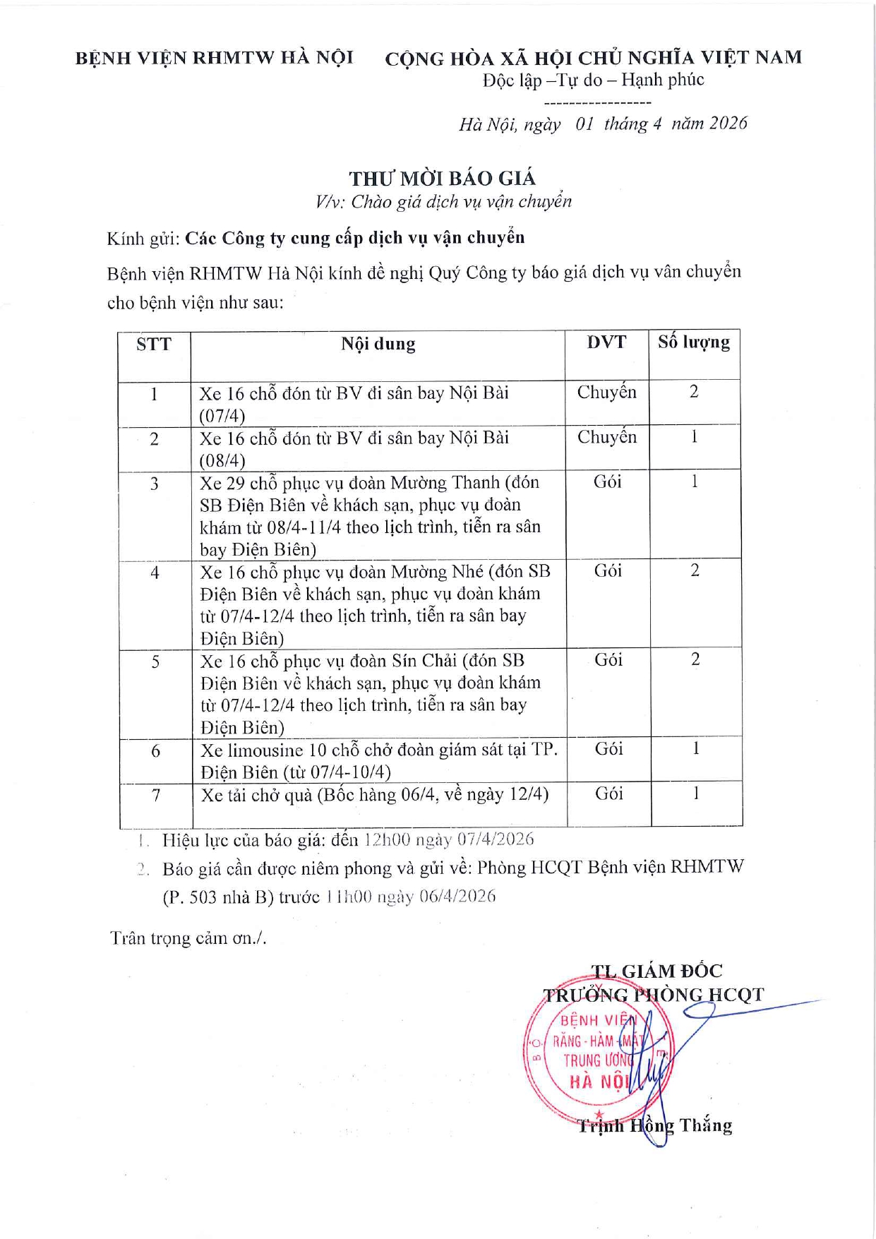  THƯ MỚI BÁO GIÁ CUNG CẤP DỊCH VỤ VẬN CHUYỂN 