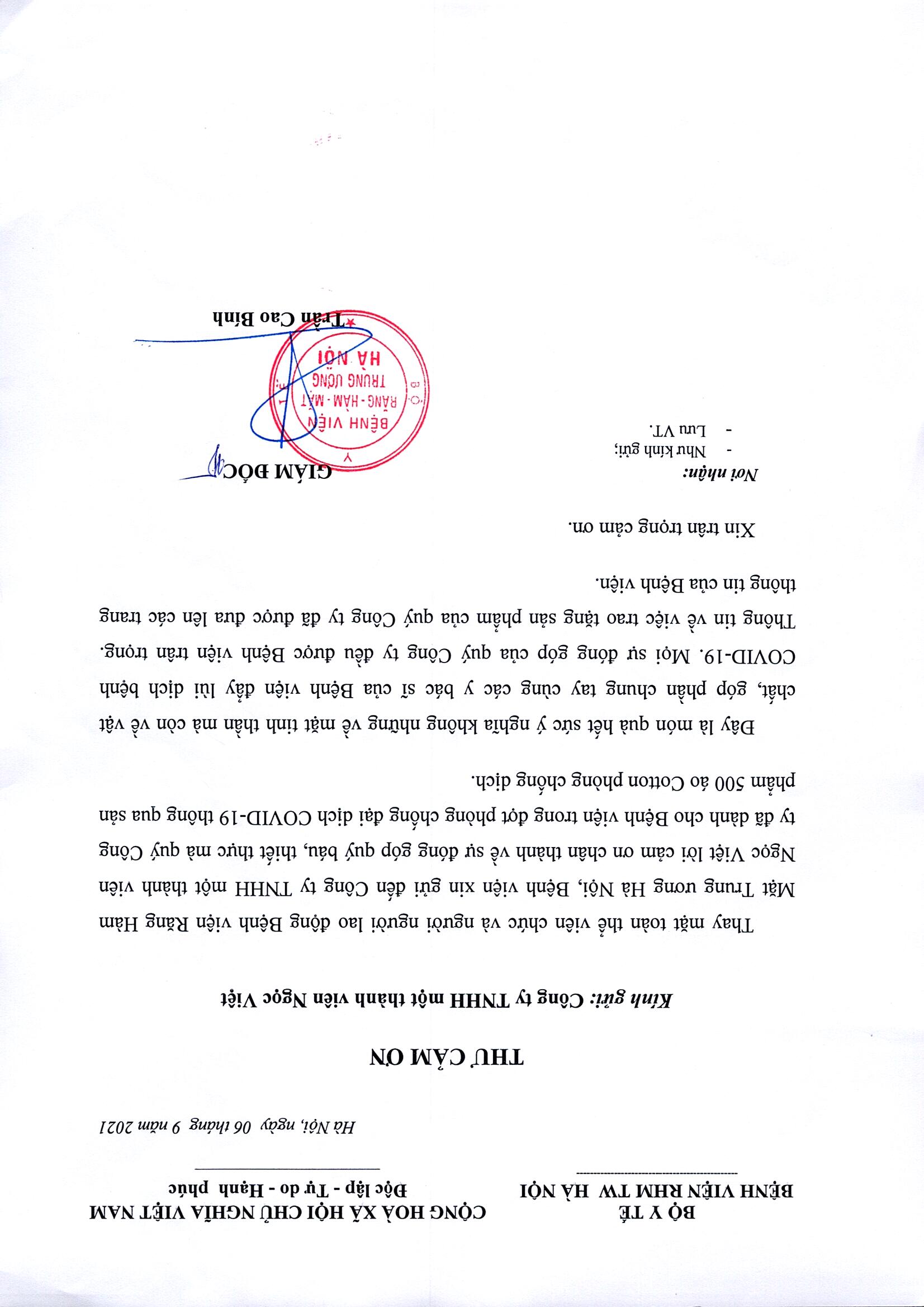 THƯ CẢM ƠN CÔNG TY TNHH MỘT THÀNH VIÊN NGỌC VIỆT 