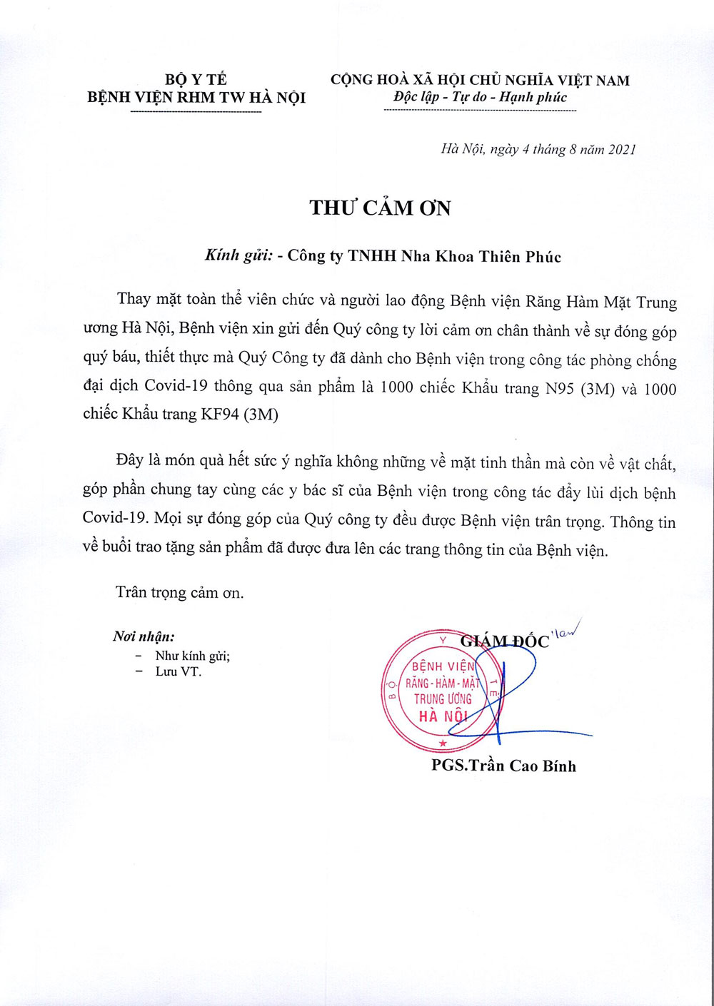 THƯ CẢM ƠN CÔNG TY TNHH NHA KHOA THIÊN PHÚC 
