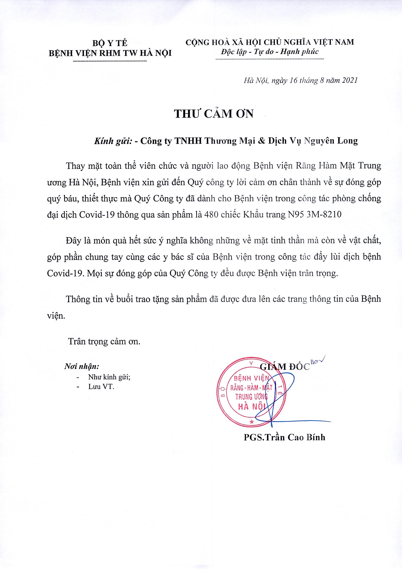 THƯ CẢM ƠN CÔNG TY TNHH THƯƠNG MẠI & DỊCH VỤ NGUYÊN LONG