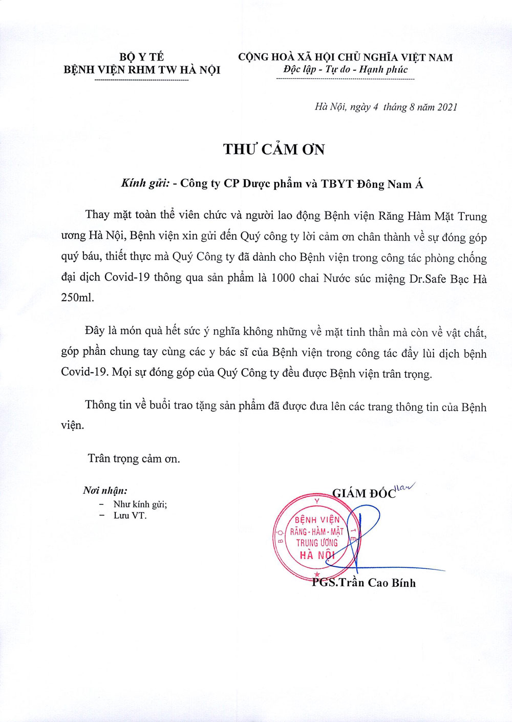 THƯ CẢM ƠN CÔNG TY CP DƯỢC PHẨM VÀ TBYT ĐÔNG NAM Á