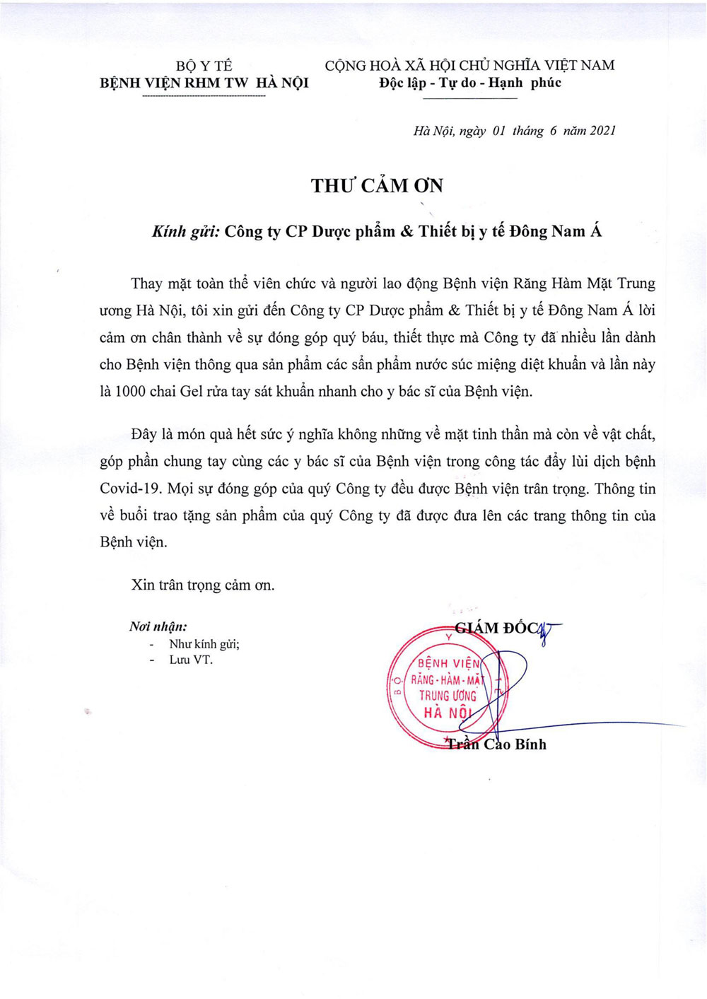 THƯ CẢM ƠN CTCP DƯỢC PHẨM  VÀ THIẾT BỊ Y TẾ ĐÔNG NAM Á 