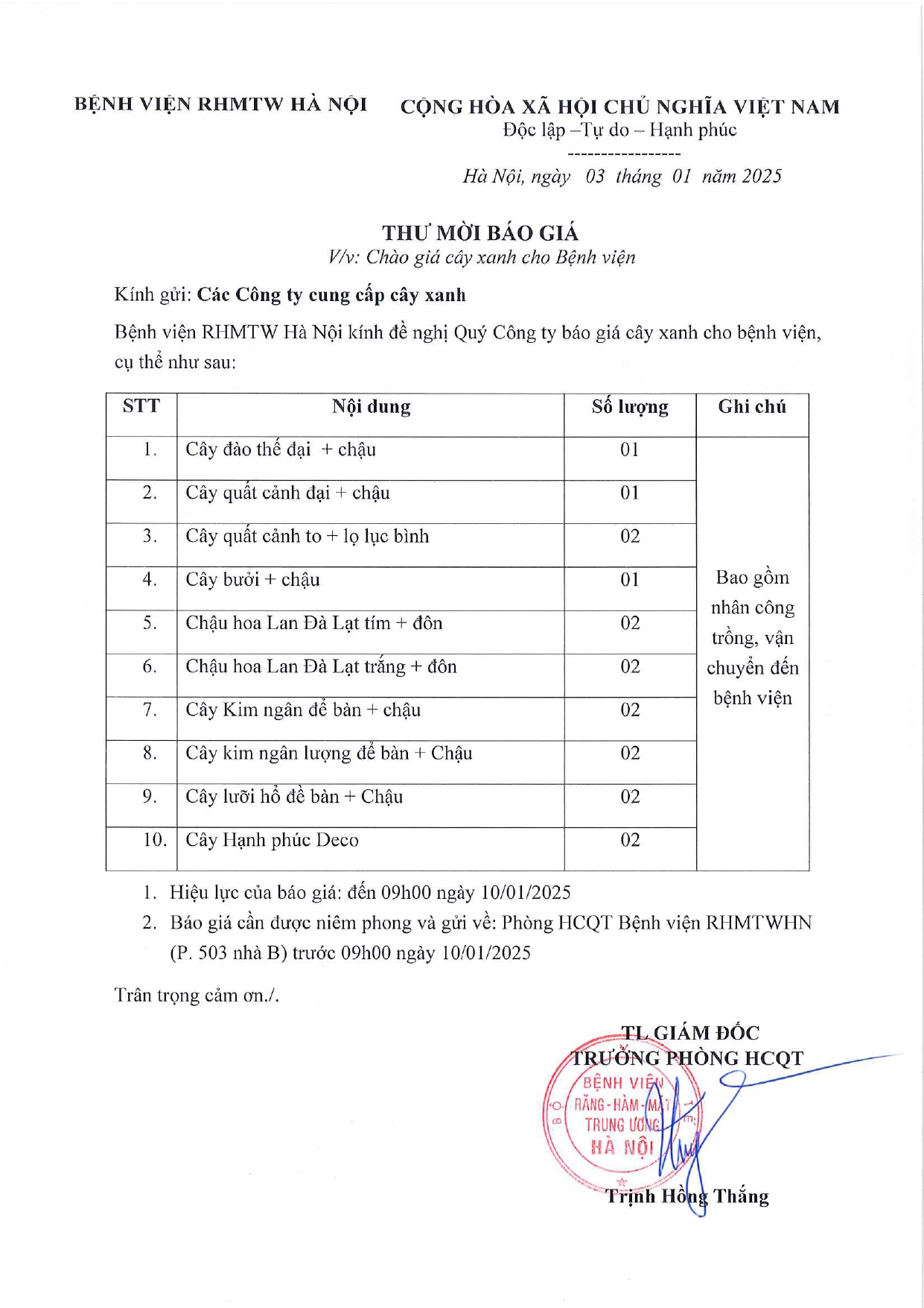 THƯ MỚI BÁO GIÁ CÂY XANH CHO BỆNH VIỆN 