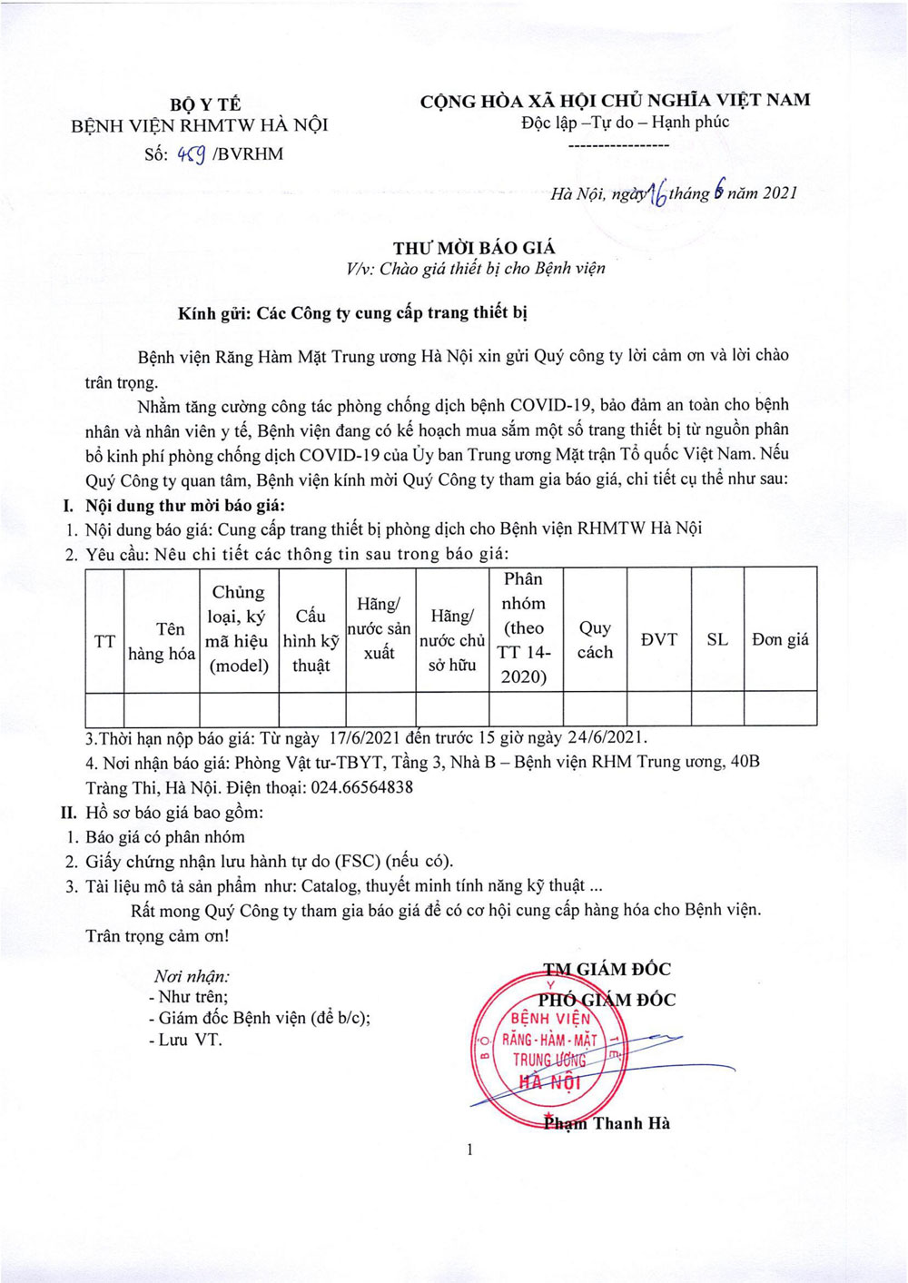 THƯ MỜI BÁO GIÁ CHÀO GIÁ THIẾT BỊ CHO BỆNH VIỆN