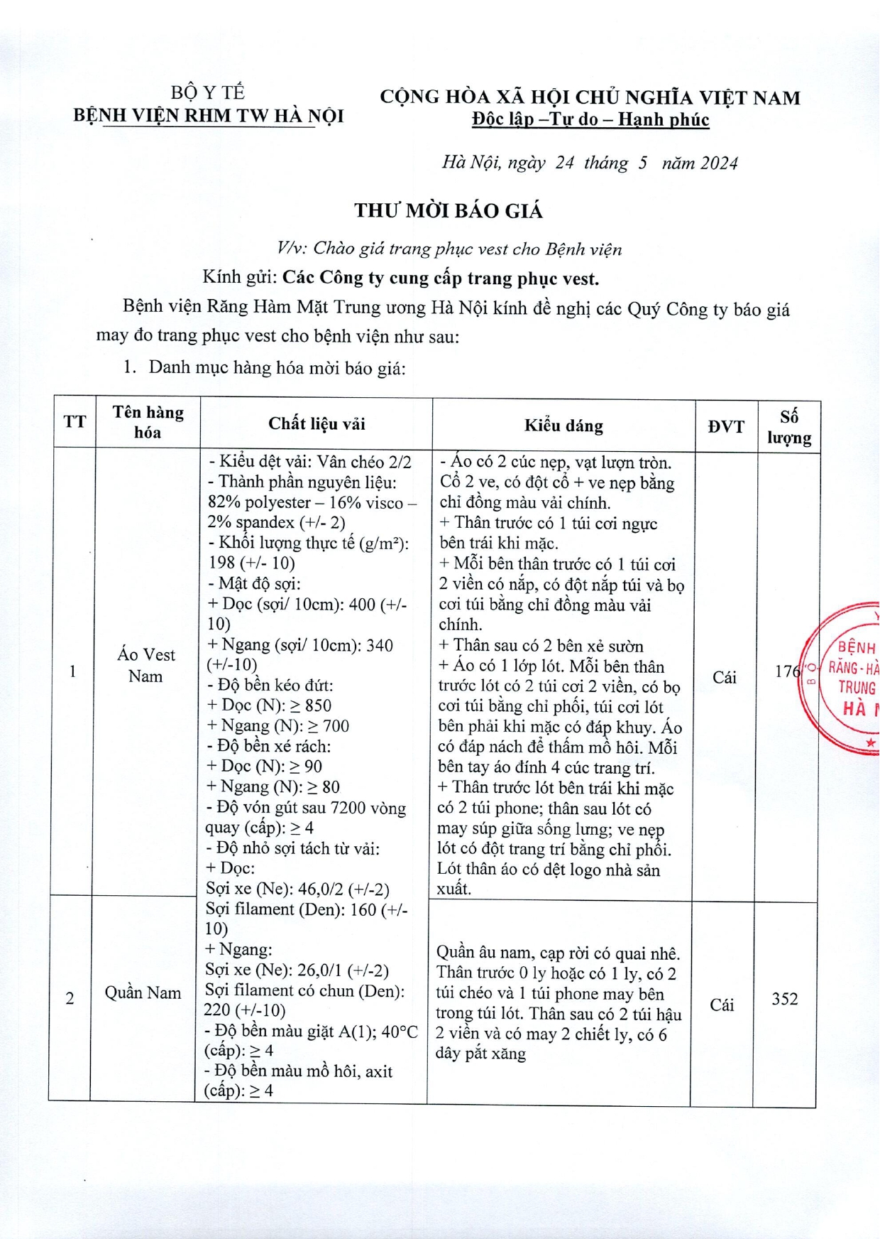 THƯ MỜI BÁO GIÁ MAY VEST CHO BỆNH VIỆN 