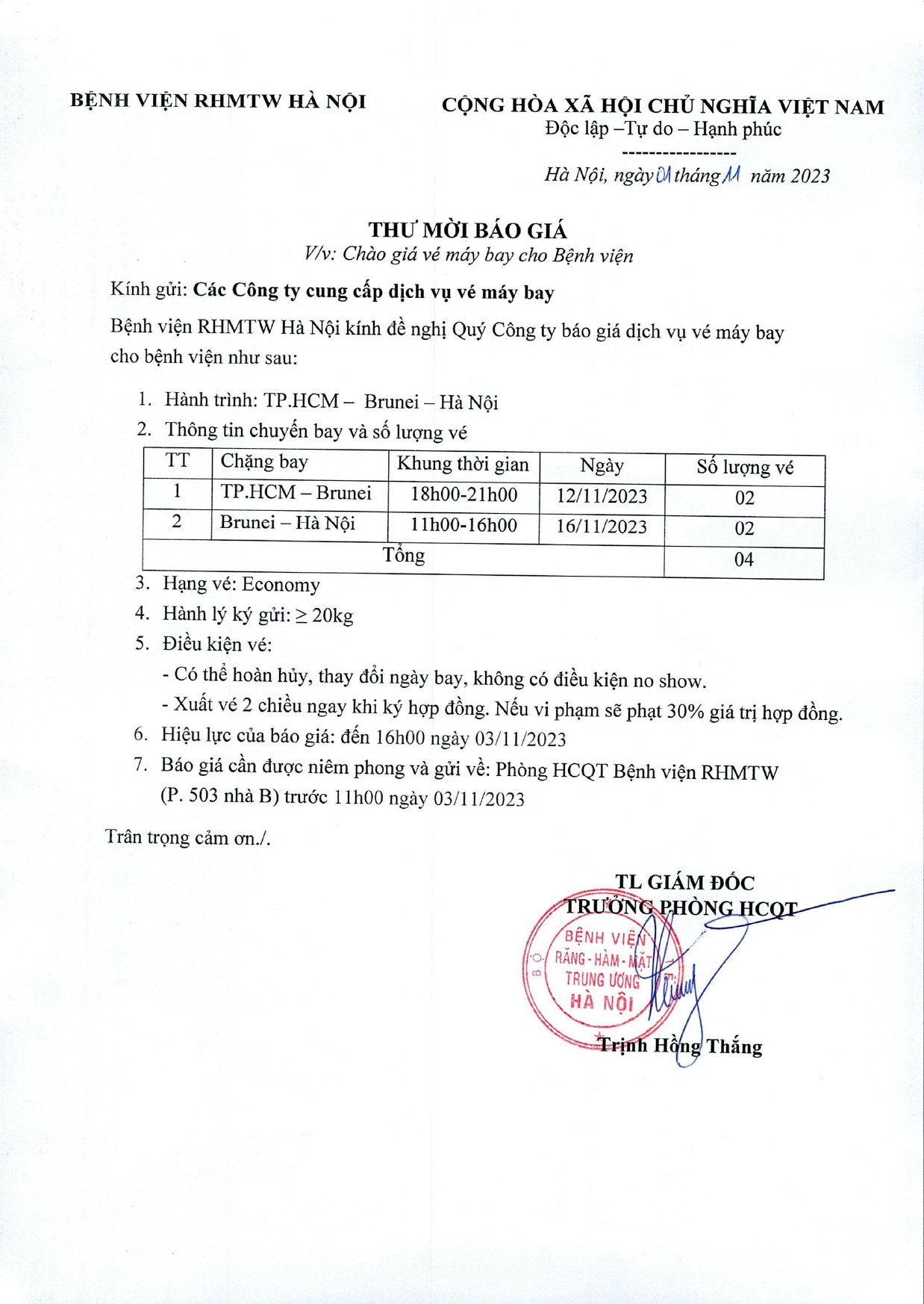 THƯ MỜI BÁO GIÁ VÉ MÁY BAY CHẶNG TPHCM -BRUNEI- HÀ NỘI 