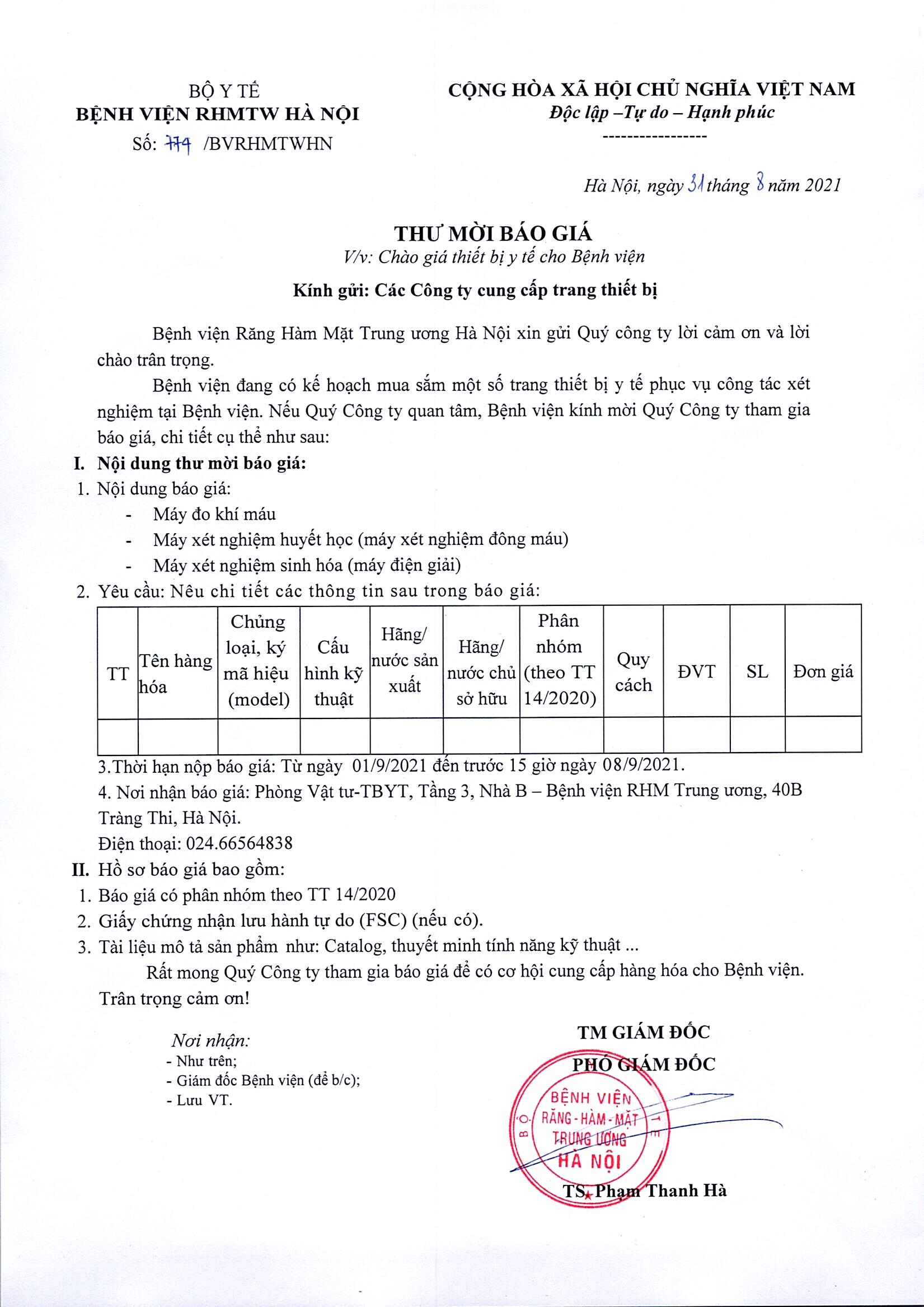 THƯ MỜI BÁO GIÁ THIẾT BỊ Y TẾ CHO BỆNH VIỆN 