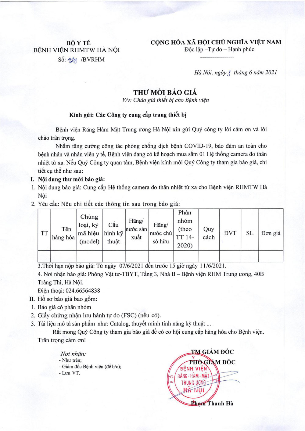 THƯ MỜI BÁO GIÁ 
