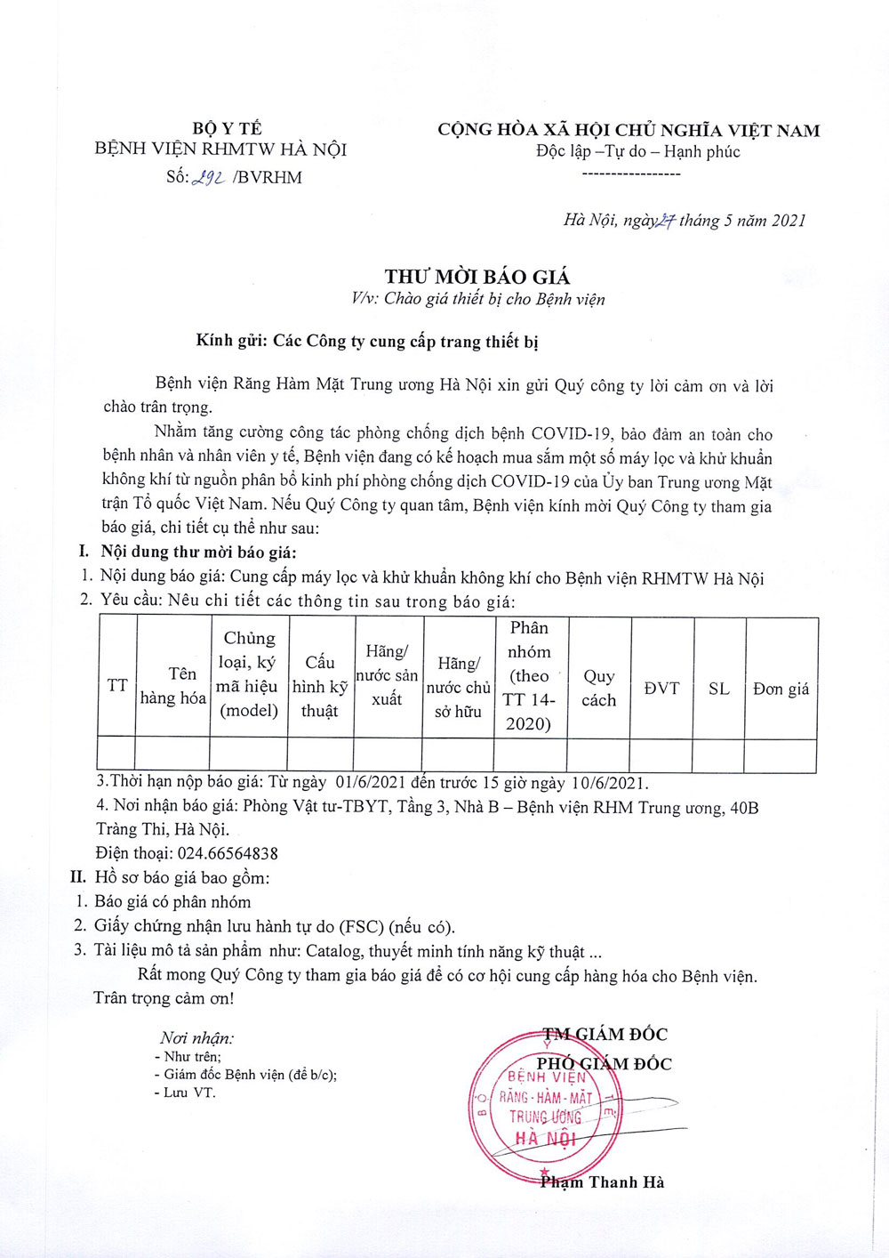 THƯ MỜI CHÀO GIÁ THIẾT BỊ CHO BỆNH VIỆN