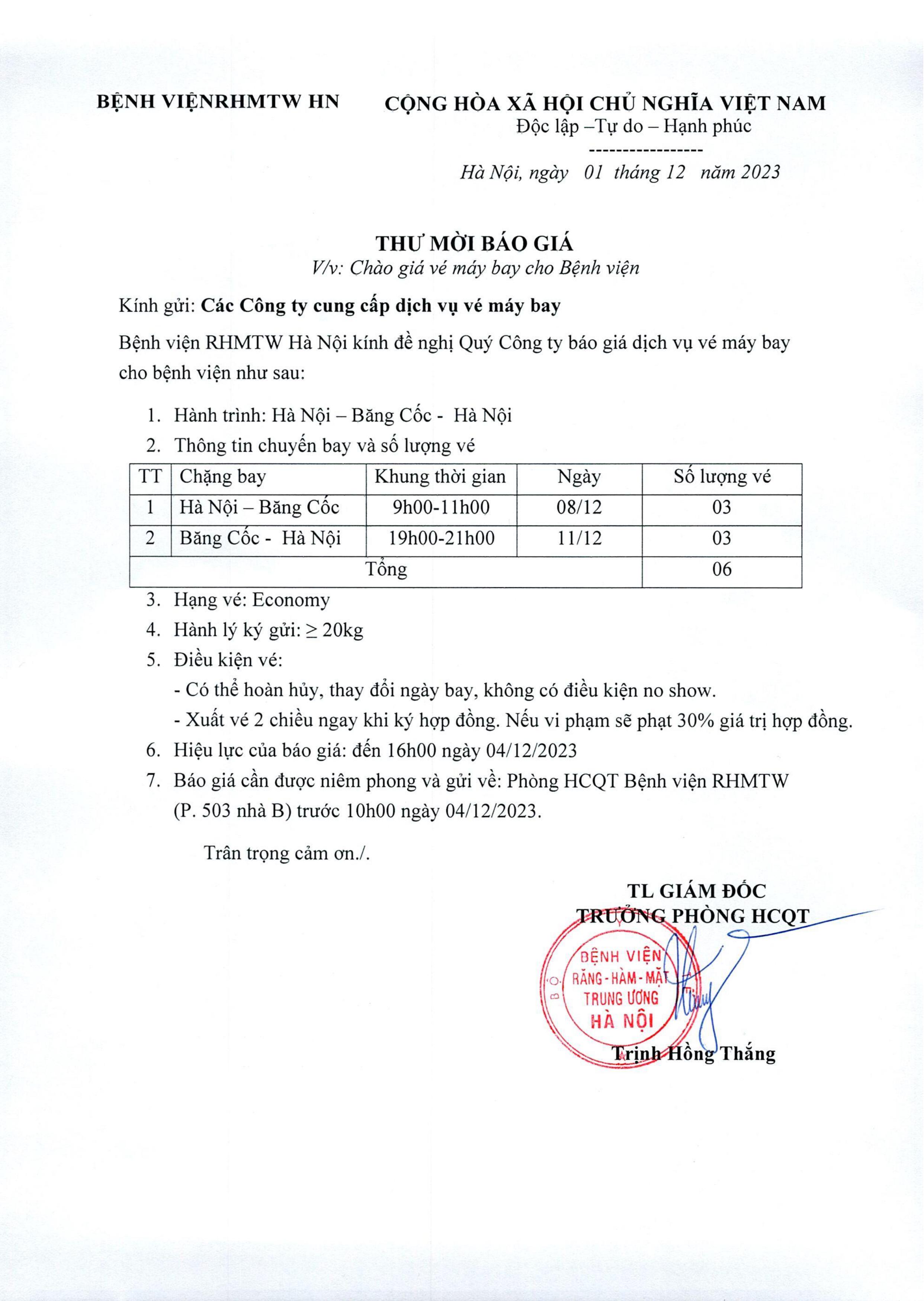 THƯ MỚI BÁO GIÁ VÉ MÁY BAY CHẶNG HÀ NỘI - BĂNG CỐC- HÀ NỘI 
